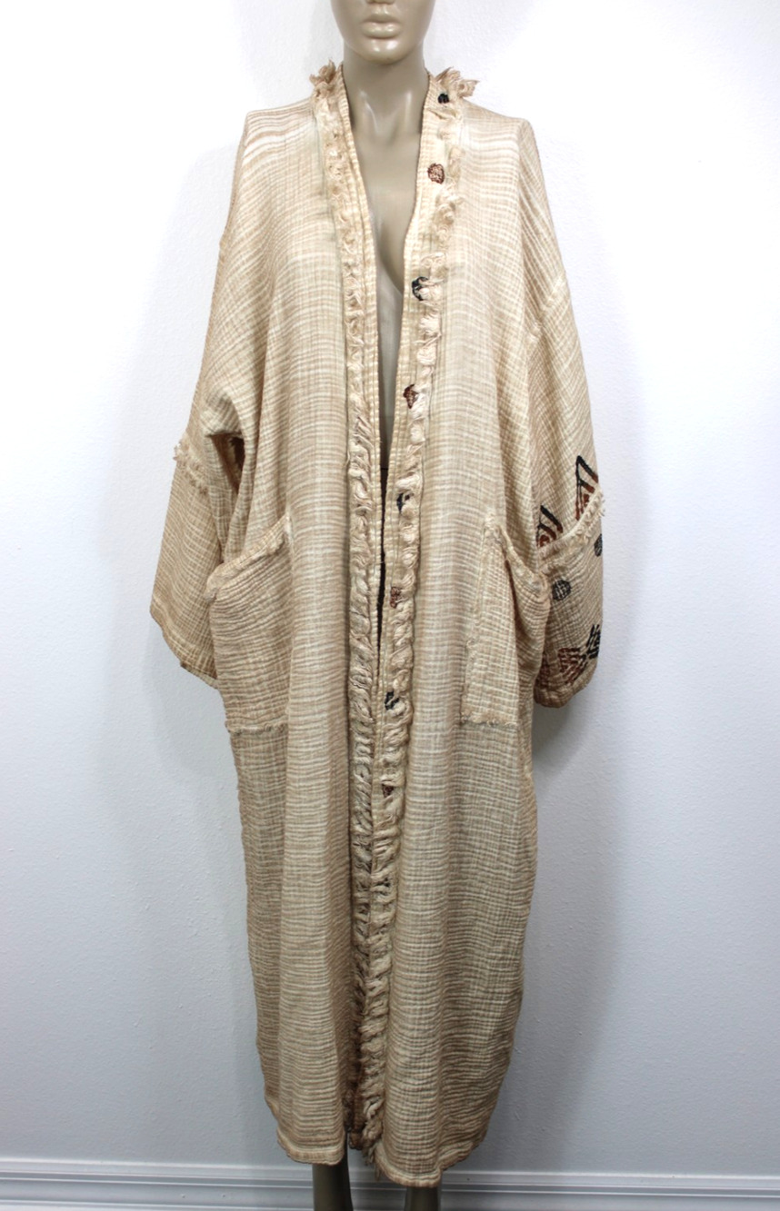 IKIKIZ Kimono Duster Women's OS Crinkle Cotton Cardigan Robe Tribal Missing Belt